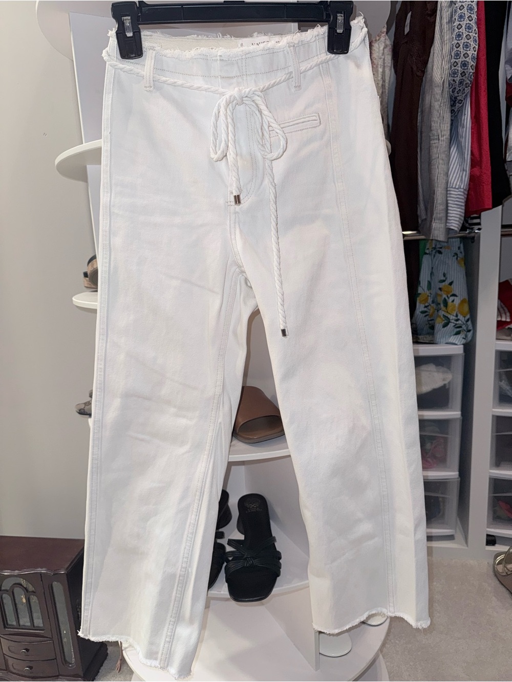 Mango White Rope-Tie Frayed Waist Wide-Leg Jeans